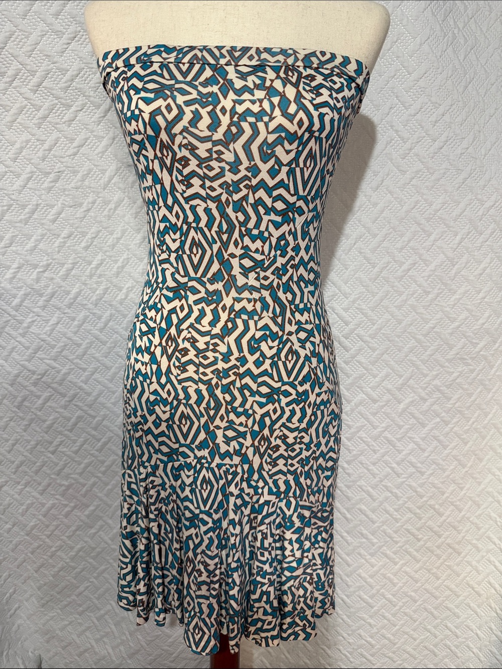 Diane Von Furstenberg Strapless Teal, Ivory & orange Geometric Dress